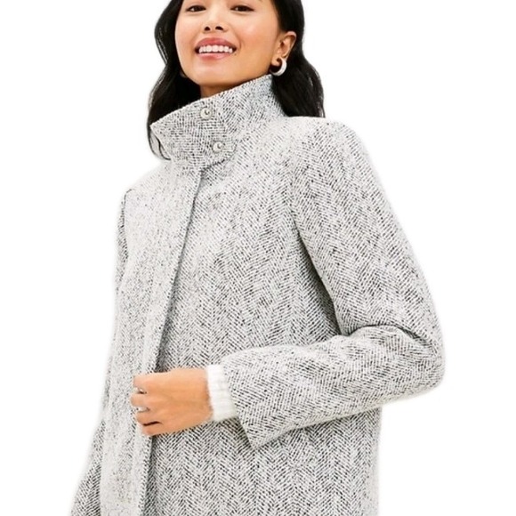 Loft Coat Herringbone Funnel Neck Wool Blend Size L Classic Womens Outdoor - Picture 1 of 8
